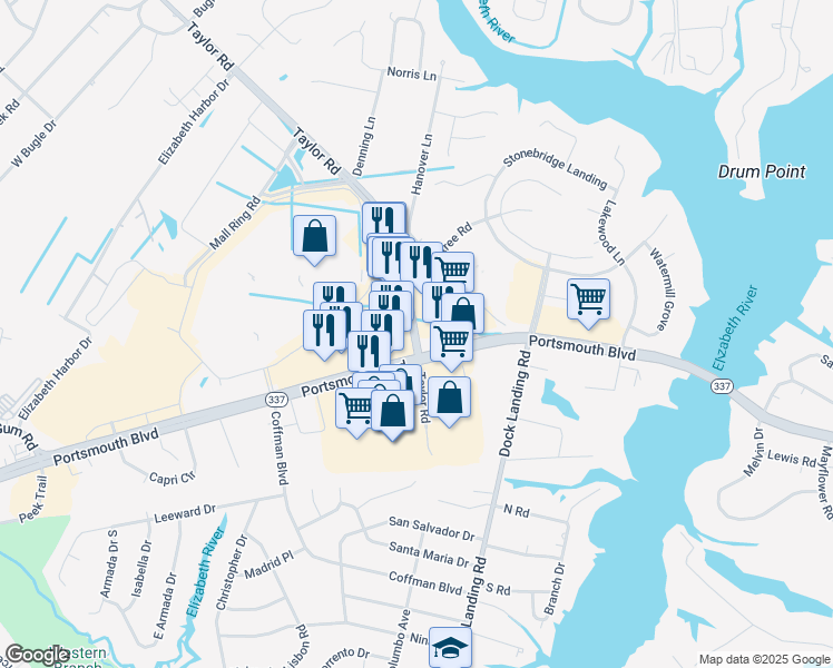 map of restaurants, bars, coffee shops, grocery stores, and more near 2409 Taylor Road in Chesapeake