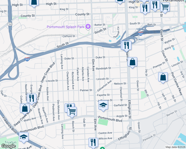map of restaurants, bars, coffee shops, grocery stores, and more near 1812 Elm Avenue in Portsmouth