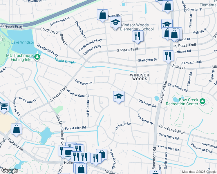 map of restaurants, bars, coffee shops, grocery stores, and more near 505 South Kings Point Road in Virginia Beach