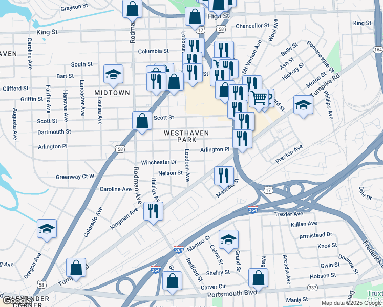 map of restaurants, bars, coffee shops, grocery stores, and more near 3311 Arlington Place in Portsmouth