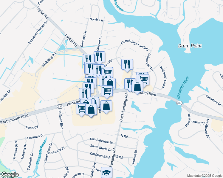 map of restaurants, bars, coffee shops, grocery stores, and more near 4016 Portsmouth Boulevard in Chesapeake