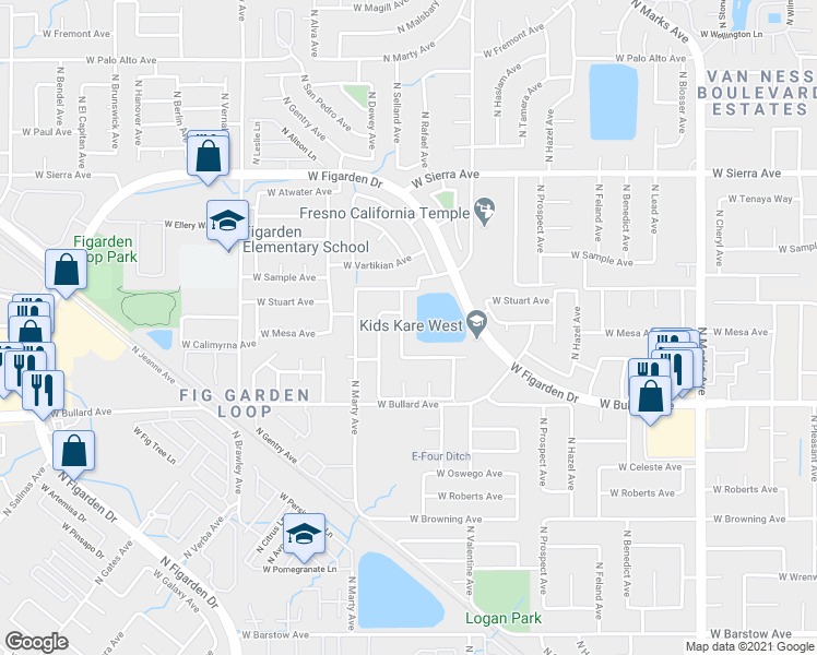 map of restaurants, bars, coffee shops, grocery stores, and more near 6136 North Selland Avenue in Fresno
