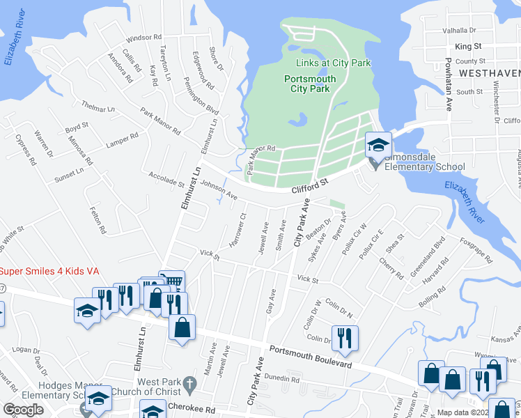 map of restaurants, bars, coffee shops, grocery stores, and more near 5203 Johnson Avenue in Portsmouth