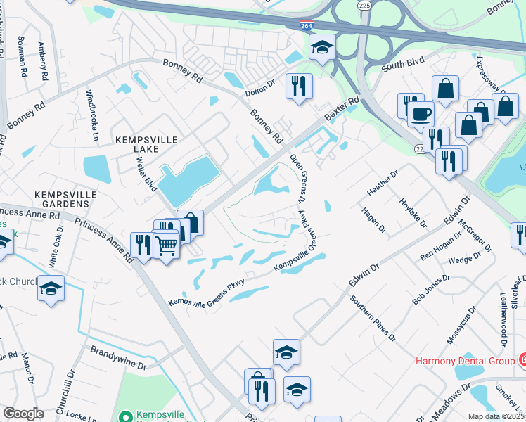 map of restaurants, bars, coffee shops, grocery stores, and more near 4780 Open Greens Drive in Virginia Beach