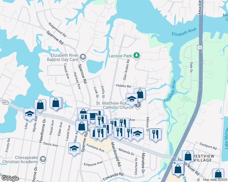 map of restaurants, bars, coffee shops, grocery stores, and more near 3328 Macdonald Road in Virginia Beach