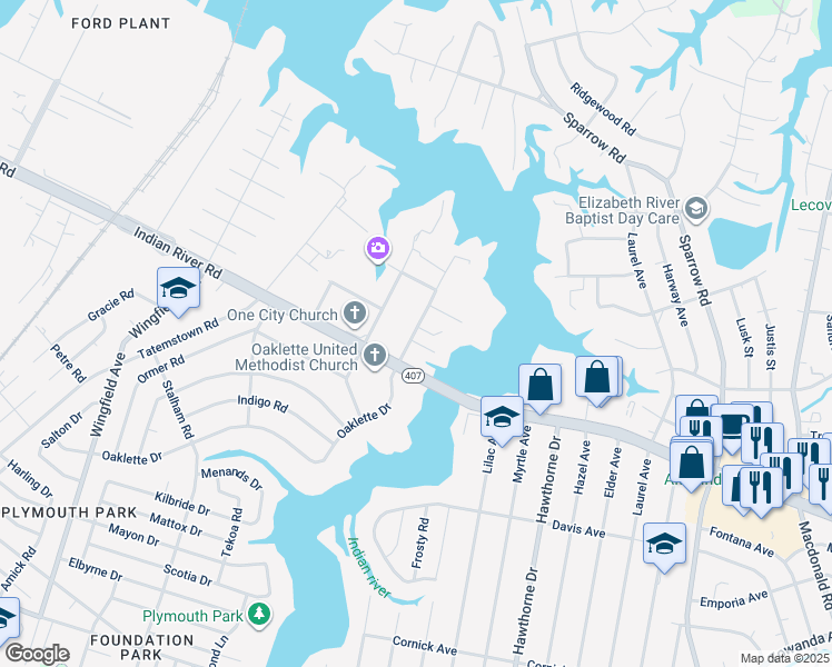 map of restaurants, bars, coffee shops, grocery stores, and more near 1010 Oaklette Avenue in Chesapeake