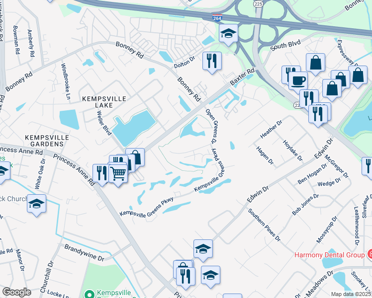 map of restaurants, bars, coffee shops, grocery stores, and more near 4780 Open Greens Drive in Virginia Beach