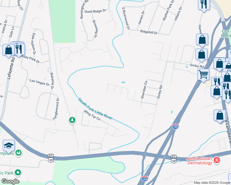 map of restaurants, bars, coffee shops, grocery stores, and more near South Sheridan Drive in Hopkinsville