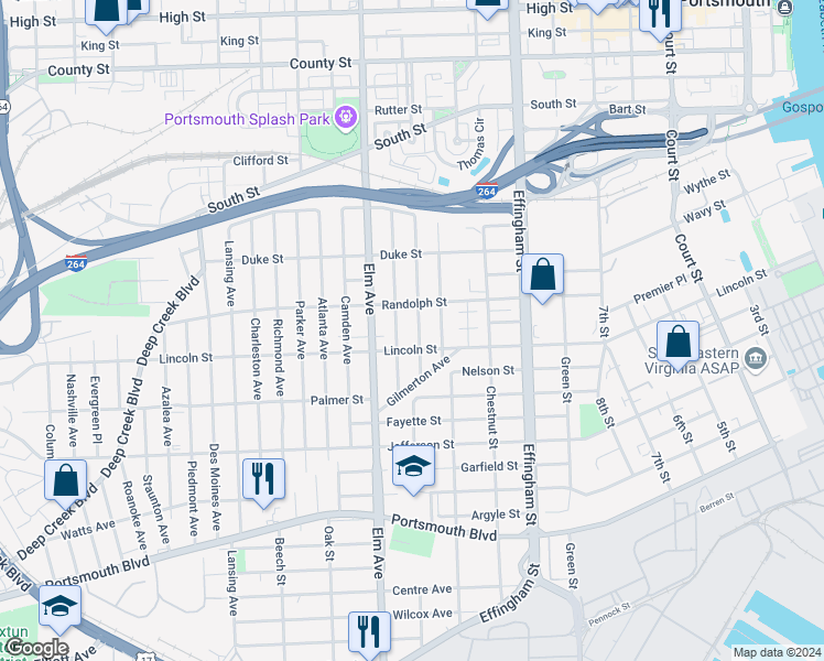 map of restaurants, bars, coffee shops, grocery stores, and more near 1804 Maple Avenue in Portsmouth