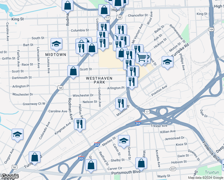 map of restaurants, bars, coffee shops, grocery stores, and more near 3209 Arlington Place in Portsmouth
