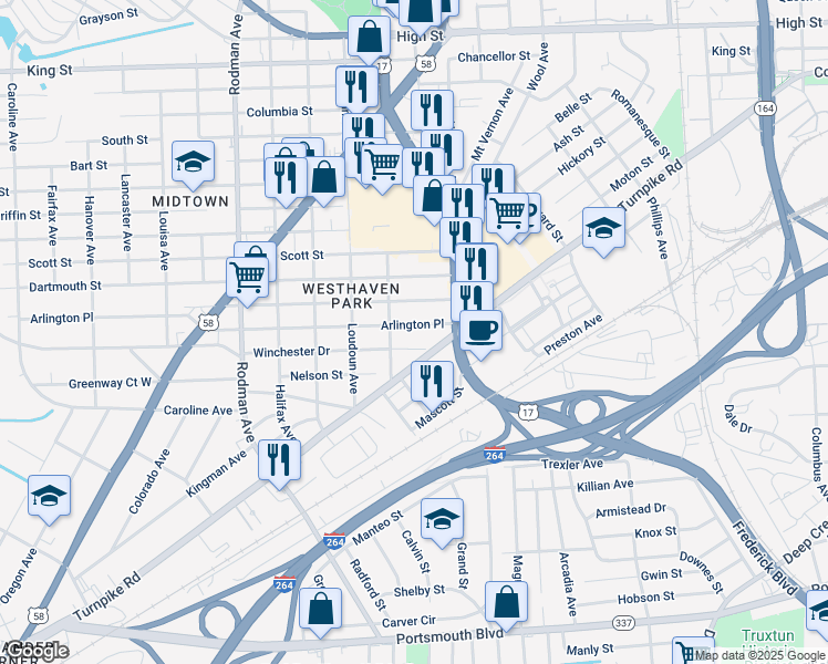 map of restaurants, bars, coffee shops, grocery stores, and more near 3203 Arlington Place in Portsmouth
