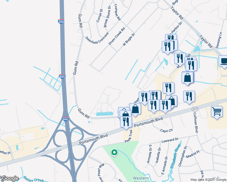 map of restaurants, bars, coffee shops, grocery stores, and more near 2431 Leytonstone Drive in Chesapeake