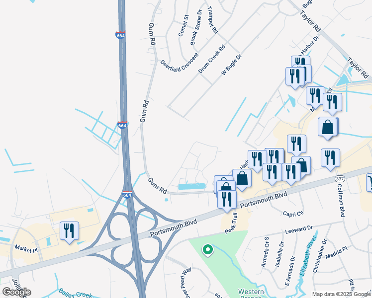 map of restaurants, bars, coffee shops, grocery stores, and more near 2504 Leytonstone Drive in Chesapeake