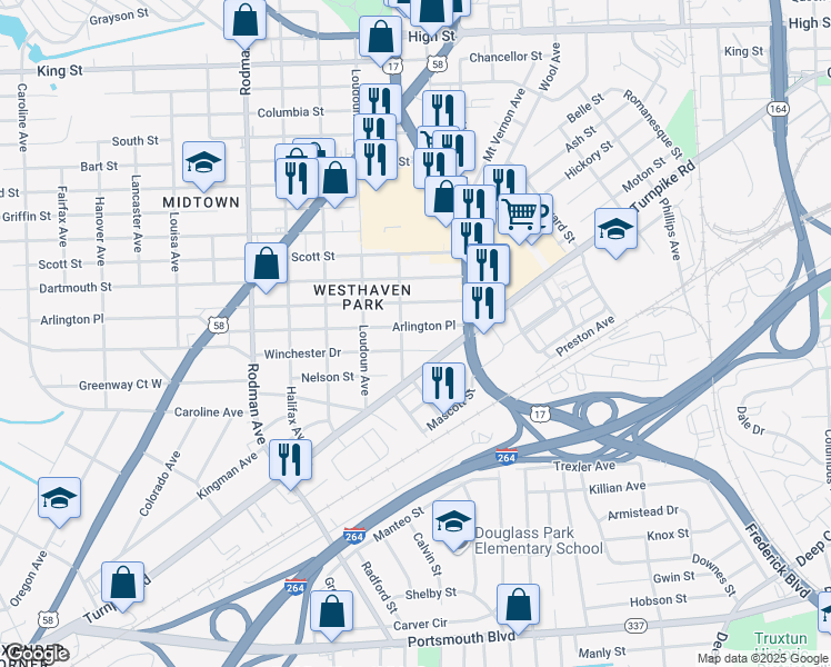 map of restaurants, bars, coffee shops, grocery stores, and more near 3207 Arlington Place in Portsmouth