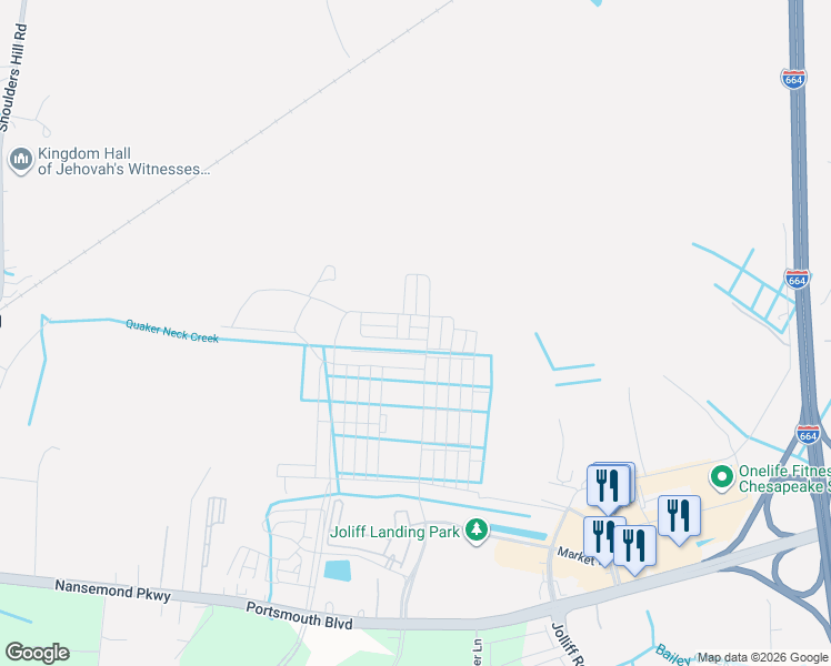 map of restaurants, bars, coffee shops, grocery stores, and more near 5013 Cape May Loop in Chesapeake