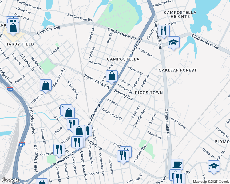 map of restaurants, bars, coffee shops, grocery stores, and more near 1400 Berkley Avenue in Chesapeake