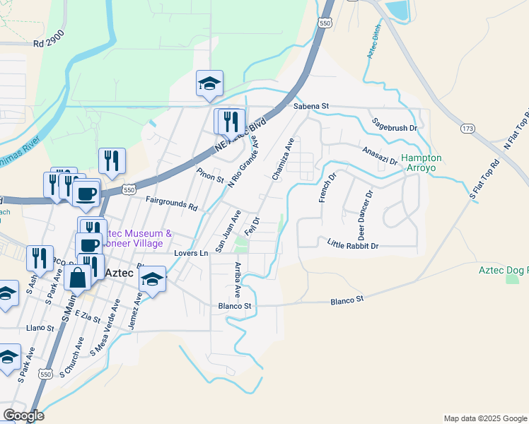 map of restaurants, bars, coffee shops, grocery stores, and more near 721 Otten Circle in Aztec