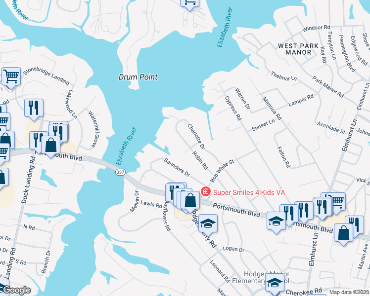 map of restaurants, bars, coffee shops, grocery stores, and more near 400 Oriole Road in Portsmouth