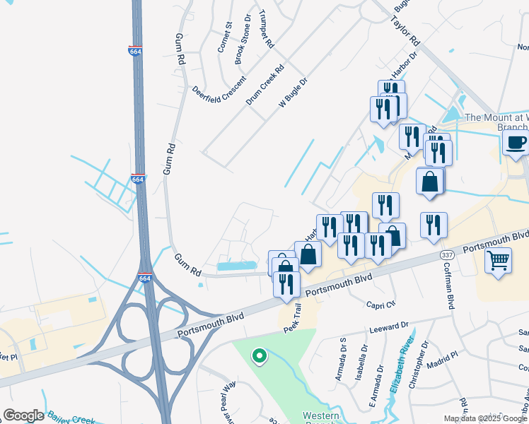 map of restaurants, bars, coffee shops, grocery stores, and more near 2419 Leytonstone Drive in Chesapeake