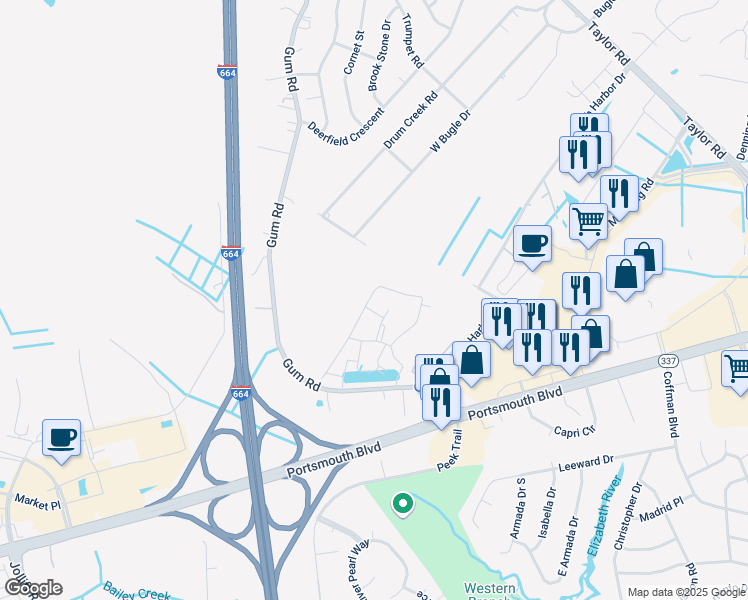 map of restaurants, bars, coffee shops, grocery stores, and more near 2469 Leytonstone Drive in Chesapeake
