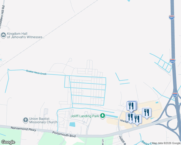 map of restaurants, bars, coffee shops, grocery stores, and more near 2144 Jolliff Road in Chesapeake