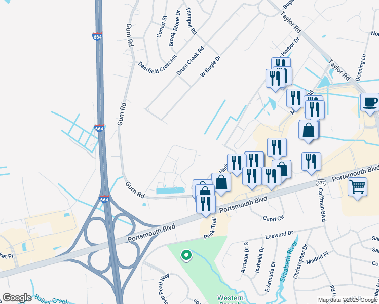 map of restaurants, bars, coffee shops, grocery stores, and more near 2419 Leytonstone Drive in Chesapeake