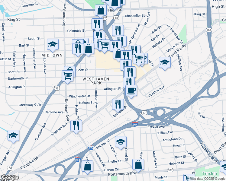 map of restaurants, bars, coffee shops, grocery stores, and more near 3203 Arlington Place in Portsmouth