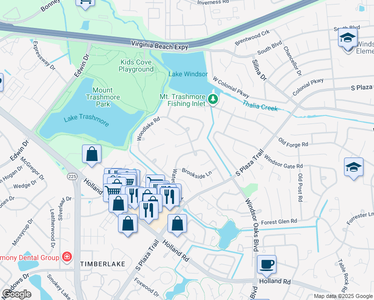 map of restaurants, bars, coffee shops, grocery stores, and more near 572 Water Oak Road in Virginia Beach