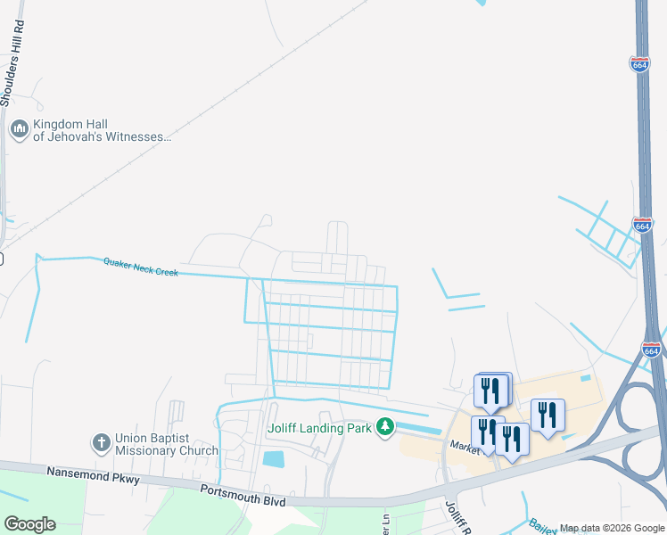 map of restaurants, bars, coffee shops, grocery stores, and more near 5013 Cape May Loop in Chesapeake