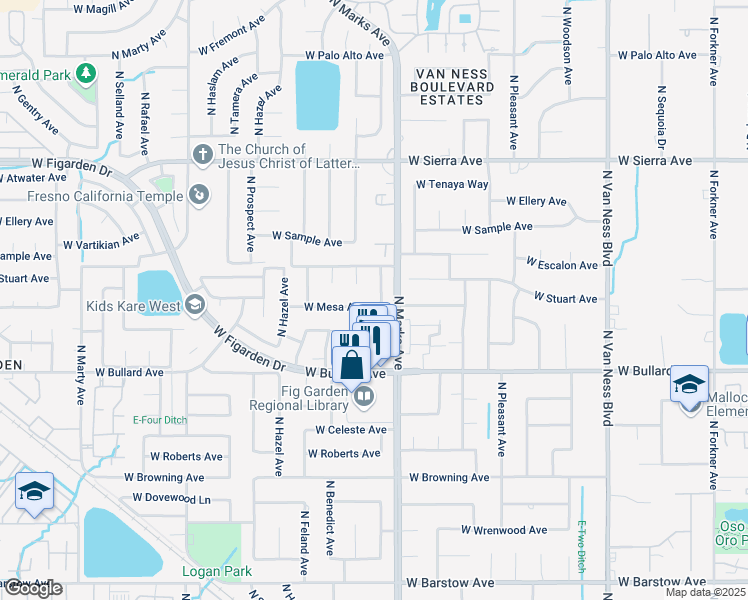 map of restaurants, bars, coffee shops, grocery stores, and more near 3046 West Mesa Avenue in Fresno