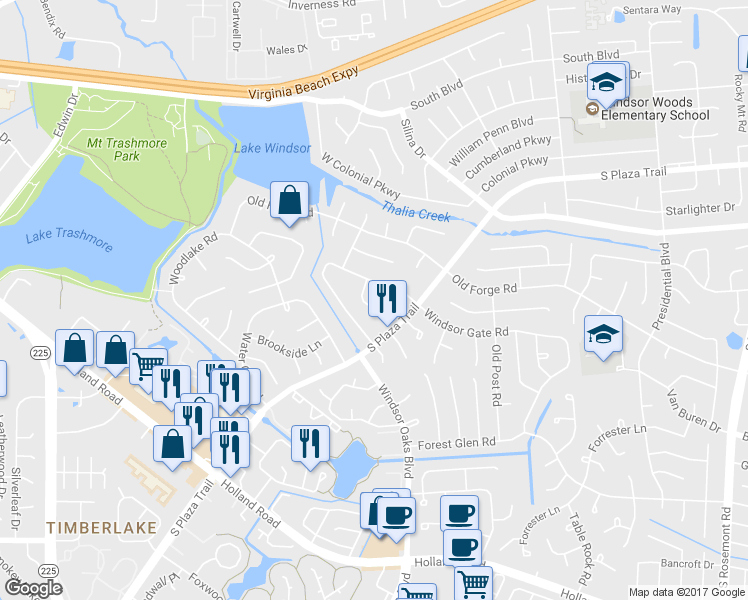 map of restaurants, bars, coffee shops, grocery stores, and more near 508 Windsor Gate Circle in Virginia Beach