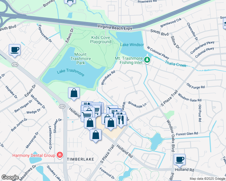 map of restaurants, bars, coffee shops, grocery stores, and more near 4221 Westchester Circle in Virginia Beach