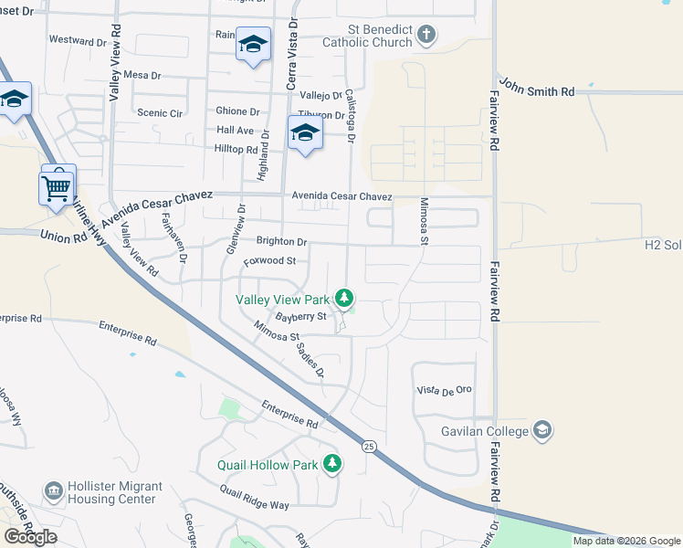 map of restaurants, bars, coffee shops, grocery stores, and more near 2360 Calistoga Drive in Hollister