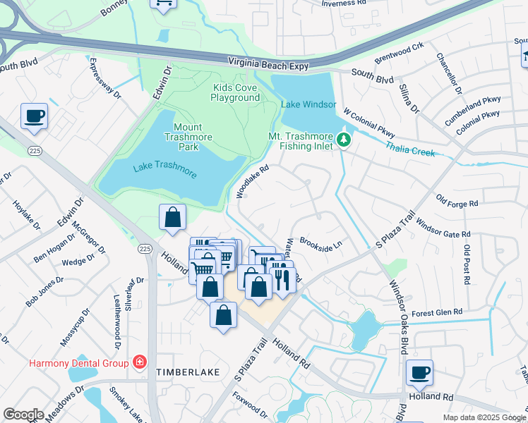 map of restaurants, bars, coffee shops, grocery stores, and more near 4221 Westchester Circle in Virginia Beach