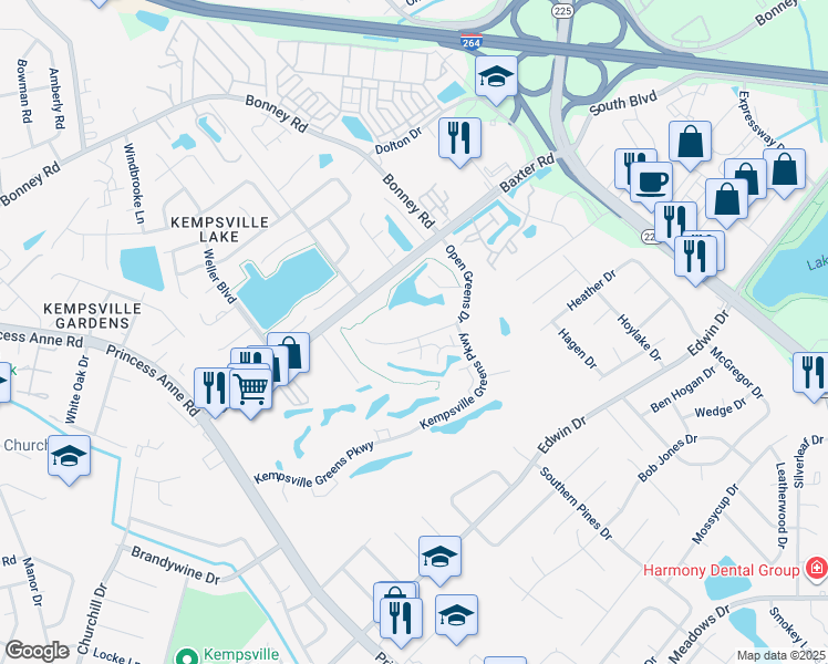 map of restaurants, bars, coffee shops, grocery stores, and more near 4779 Open Greens Drive in Virginia Beach