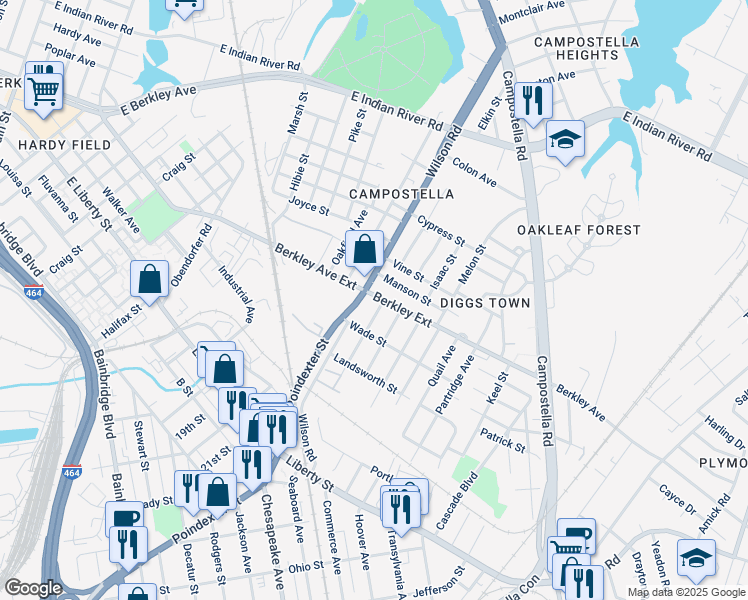 map of restaurants, bars, coffee shops, grocery stores, and more near 1400 Berkley Avenue in Chesapeake