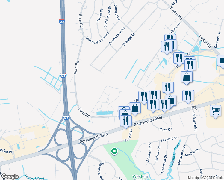 map of restaurants, bars, coffee shops, grocery stores, and more near 2437 Leytonstone Drive in Chesapeake