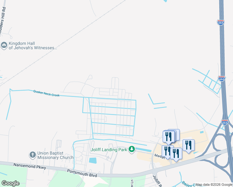 map of restaurants, bars, coffee shops, grocery stores, and more near 2144 Jolliff Road in Chesapeake