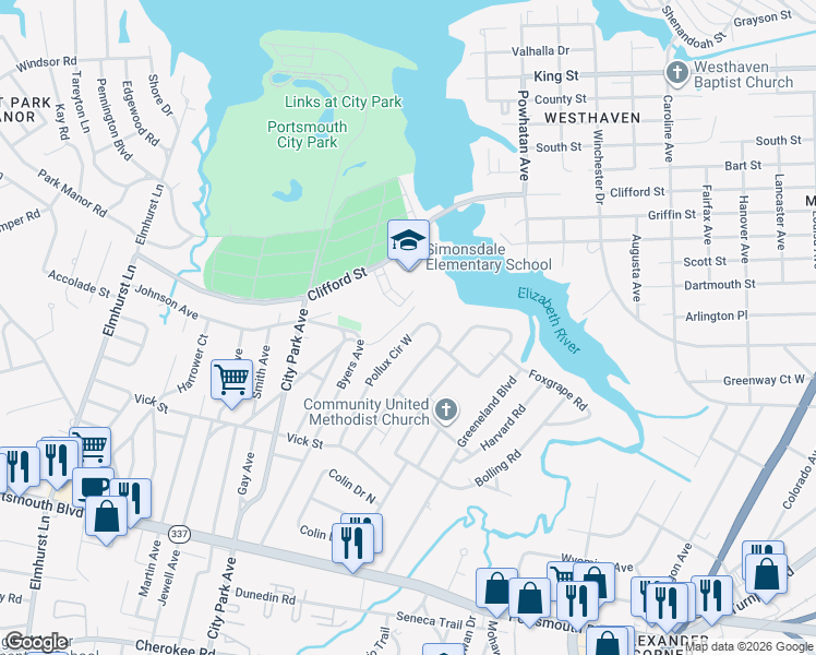 map of restaurants, bars, coffee shops, grocery stores, and more near 47 Pollux Circle West in Portsmouth