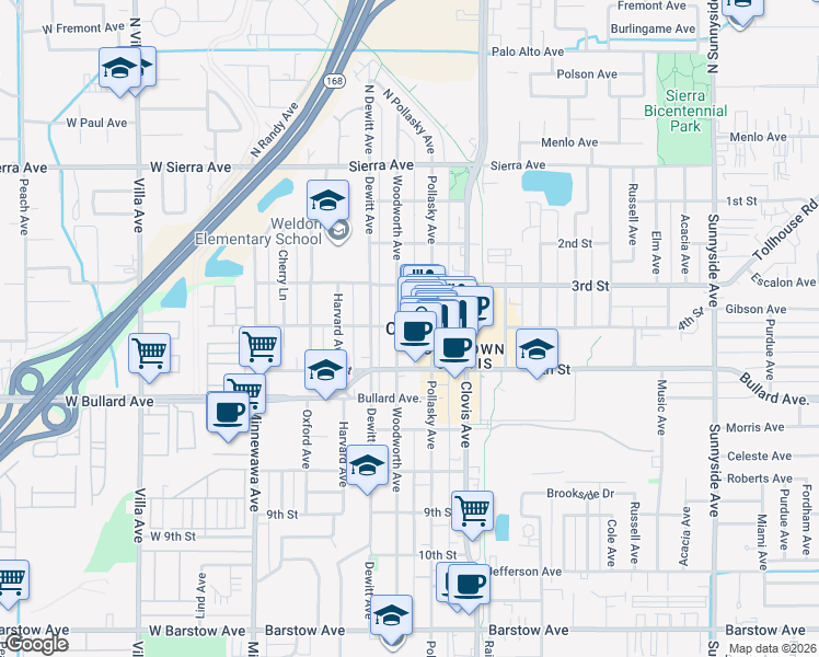 map of restaurants, bars, coffee shops, grocery stores, and more near 2267 Graybark Avenue in Clovis