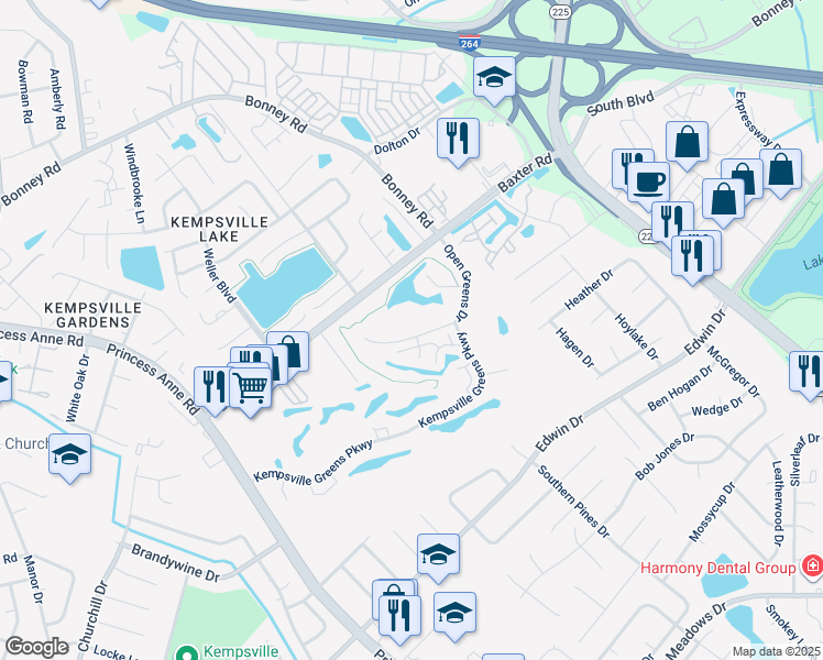 map of restaurants, bars, coffee shops, grocery stores, and more near 4779 Open Greens Drive in Virginia Beach