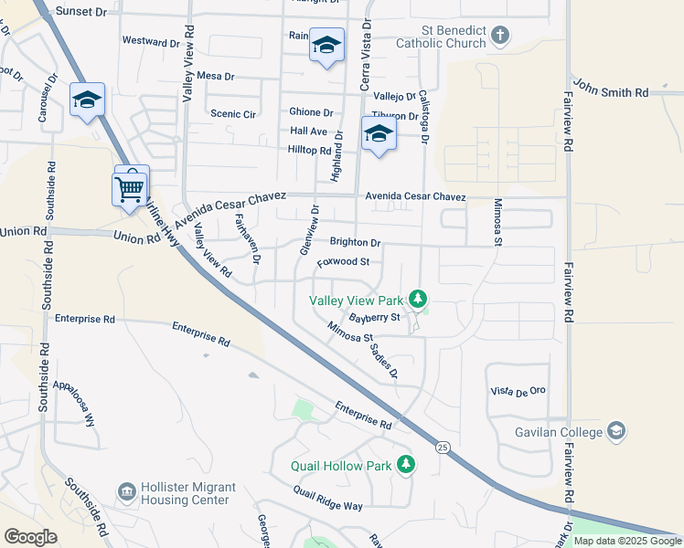 map of restaurants, bars, coffee shops, grocery stores, and more near 2711 Valley View Road in Hollister