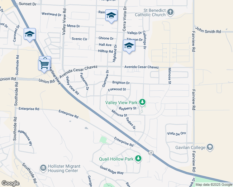 map of restaurants, bars, coffee shops, grocery stores, and more near 2711 Valley View Road in Hollister