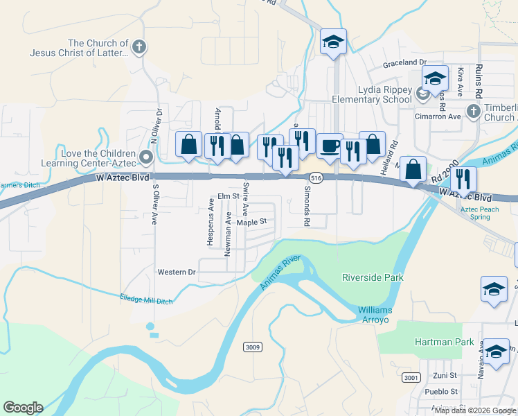 map of restaurants, bars, coffee shops, grocery stores, and more near 262-298 Swire Avenue in Aztec