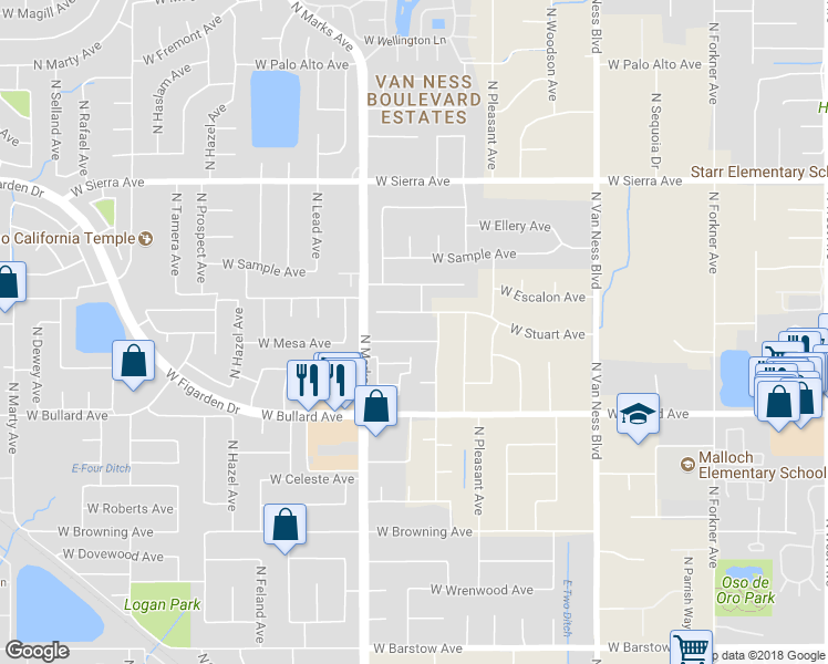 map of restaurants, bars, coffee shops, grocery stores, and more near 2712 West Mesa Avenue in Fresno