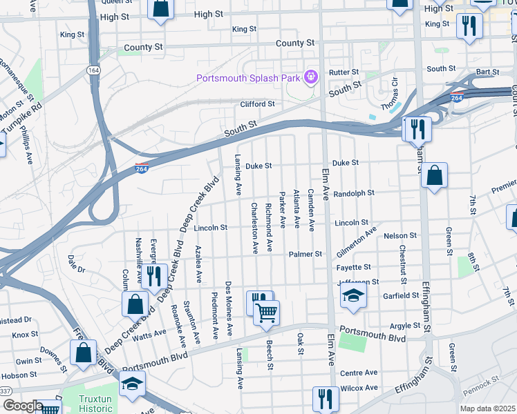 map of restaurants, bars, coffee shops, grocery stores, and more near 1800 Charleston Avenue in Portsmouth