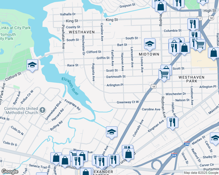 map of restaurants, bars, coffee shops, grocery stores, and more near 4207 Arlington Place in Portsmouth