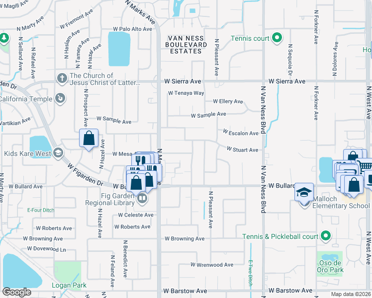 map of restaurants, bars, coffee shops, grocery stores, and more near 2712 West Mesa Avenue in Fresno