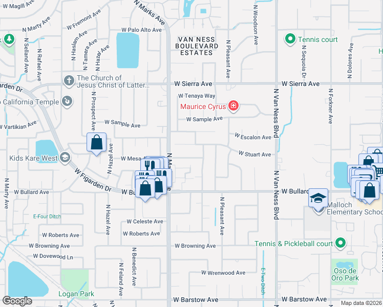 map of restaurants, bars, coffee shops, grocery stores, and more near 2712 West Mesa Avenue in Fresno