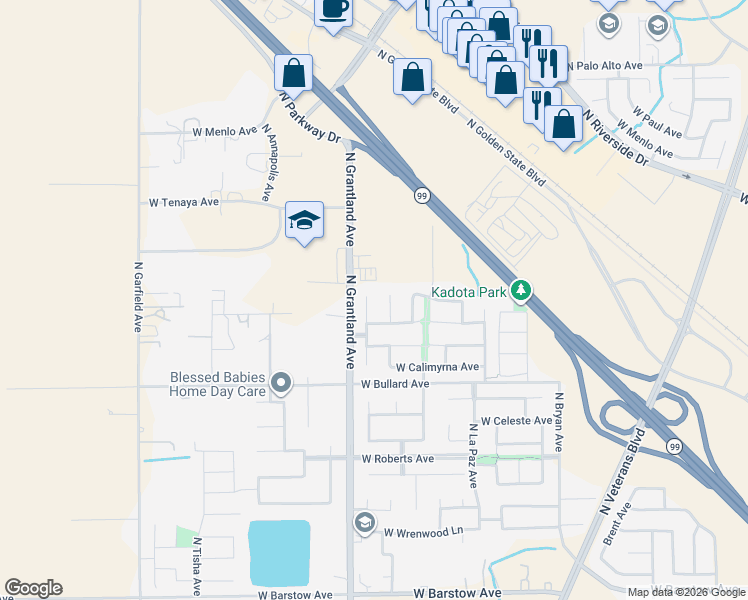 map of restaurants, bars, coffee shops, grocery stores, and more near 6113 North Sycamore Avenue in Fresno